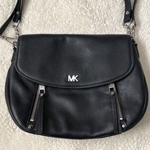 Michael Kors Black Pebbled Leather Flap Crossbody with Silver Hardware